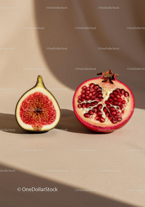 Fresh fig and pomegranate halves in warm sunlight