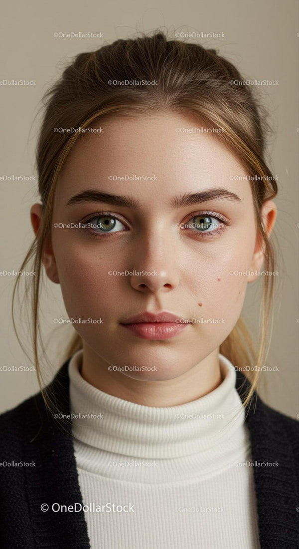 Portrait of a Young Woman with Green Eyes and Natural Makeup