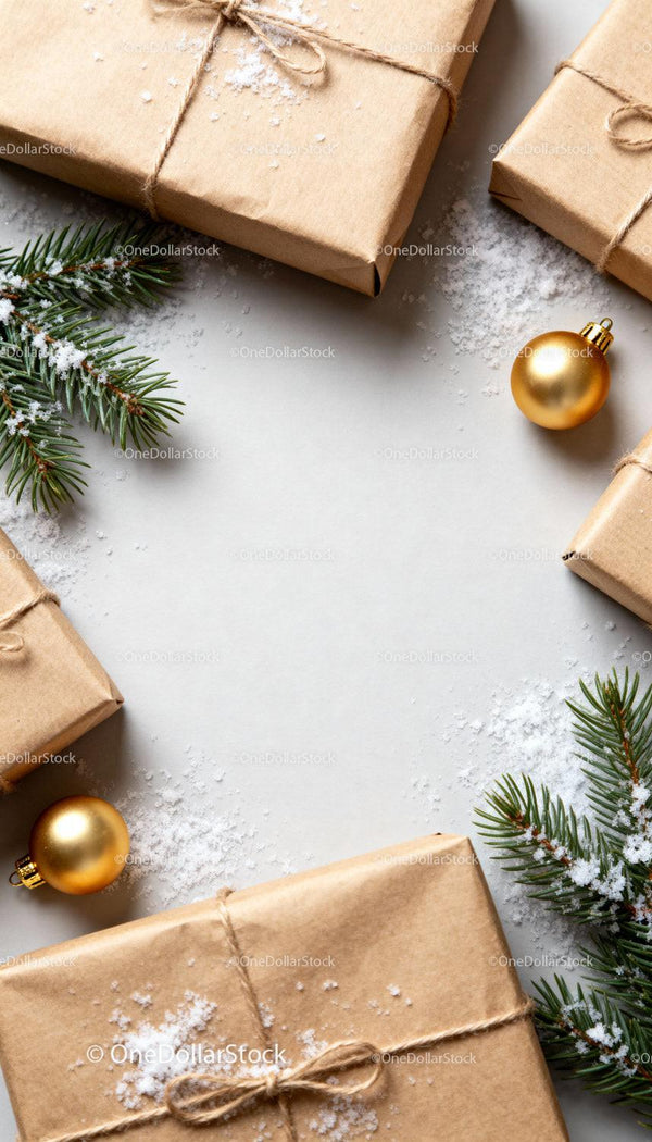 Simple Rustic Christmas Gifts with Pine and Gold Decorations