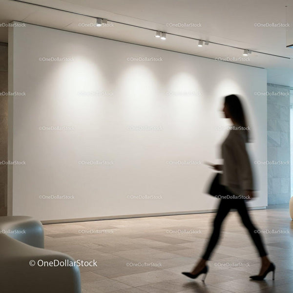 Blurred Woman Walking Past Empty Gallery Wall JPG Mockup Image