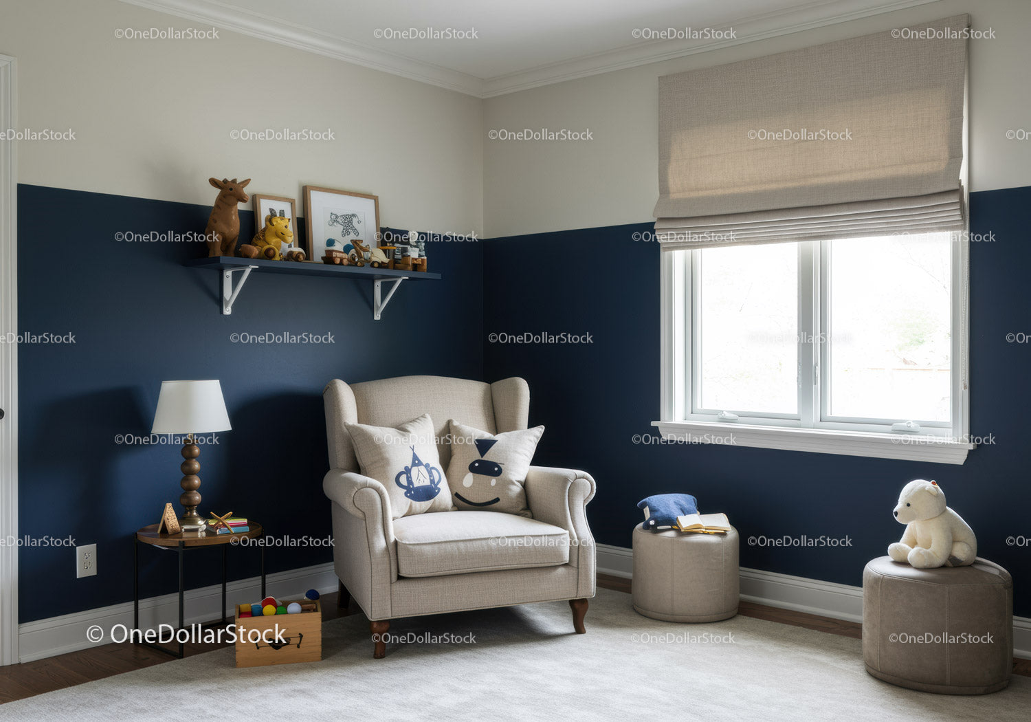 Cozy Child's Nursery with Beige Armchair and Plush Toys