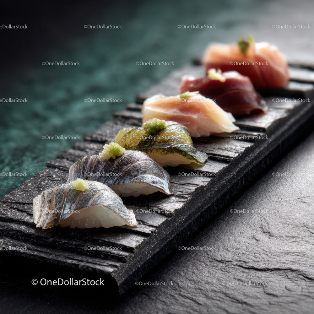 Talerz sushi sashimi z różnymi rodzajami świeżej ryby i wasabi