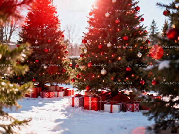 Christmas trees decorated with ornaments and gifts in snow