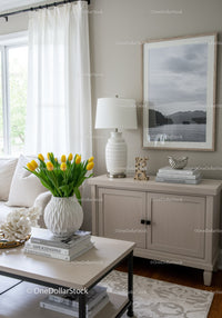 Bright Living Room with White Furniture and Yellow Tulips