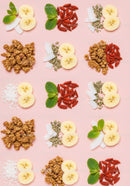 Banana slices with granola and healthy superfoods on pink