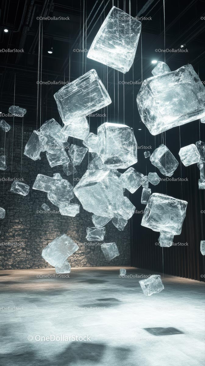 Instalacja artystyczna „Ice Cube” zawieszona w nowoczesnej przestrzeni wnętrza