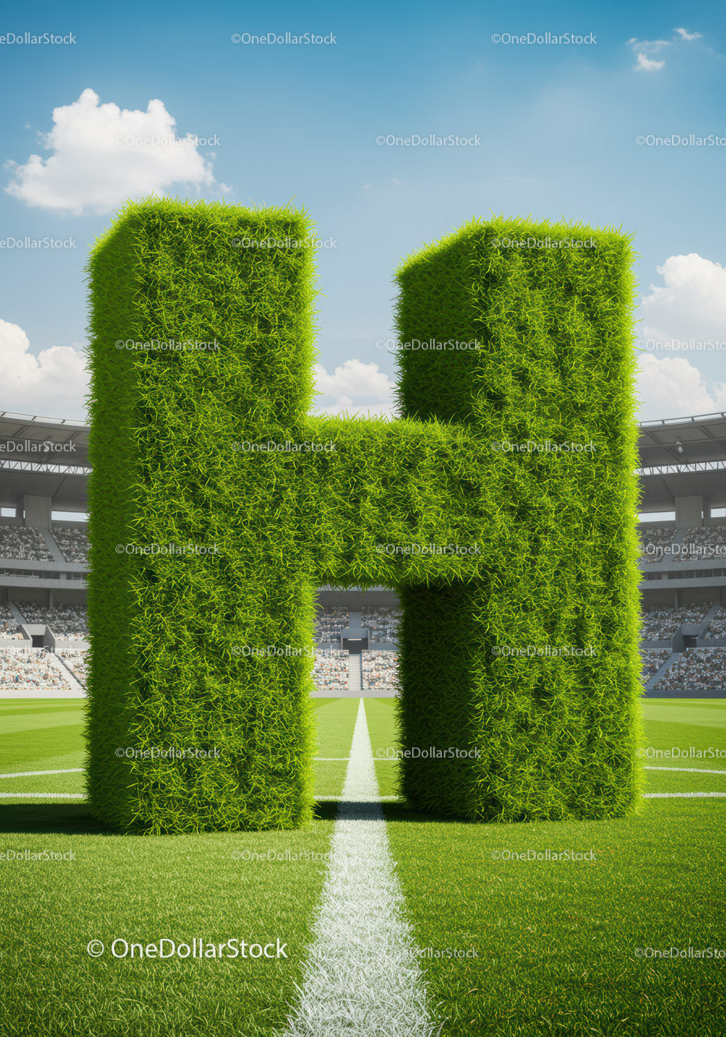 Zielona trawa z literą H na boisku piłkarskim ze stadionem
