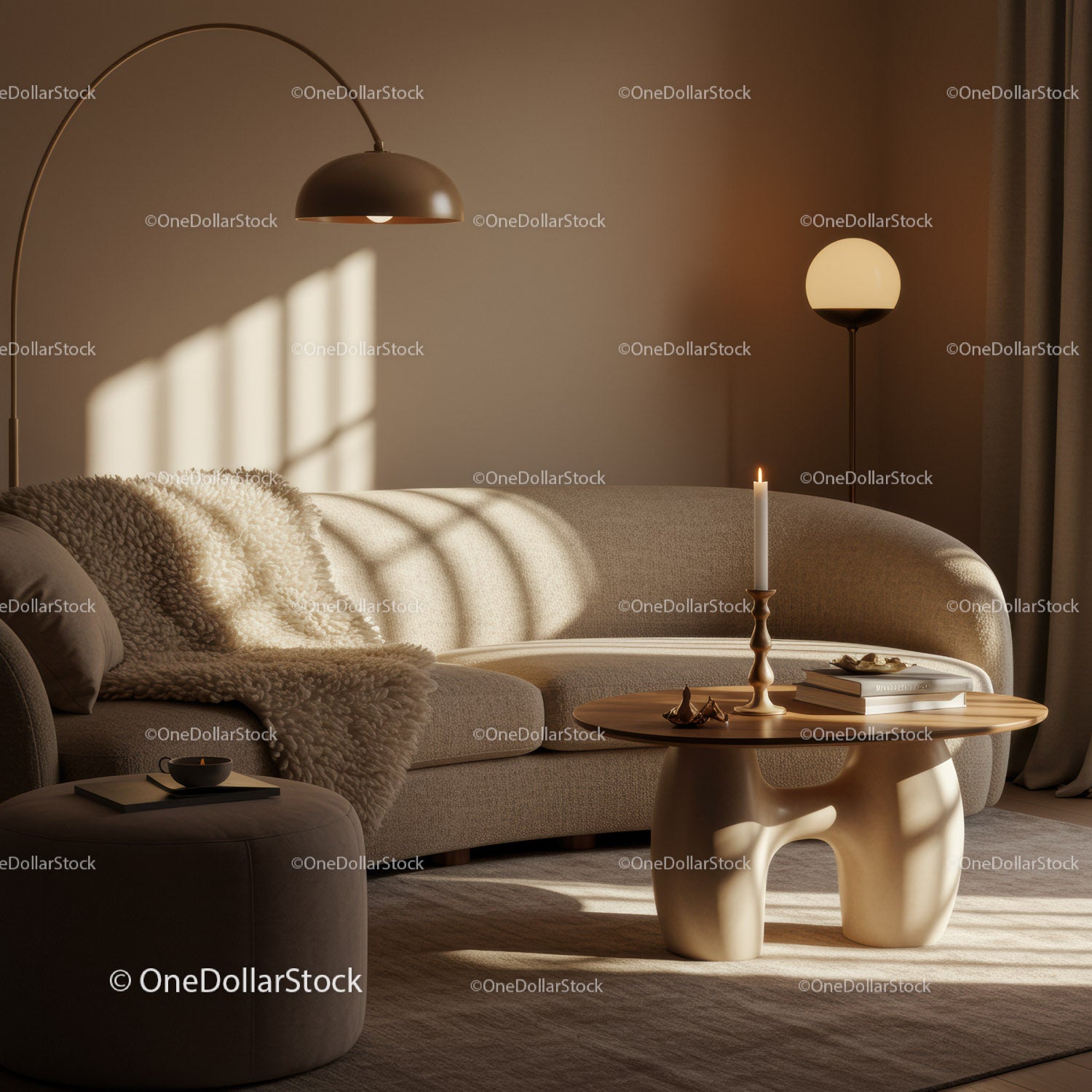 Cozy beige living room with modern furniture and warm light