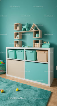 Colorful Children's Toy Storage Cabinet with Pastel Bins and Shelves