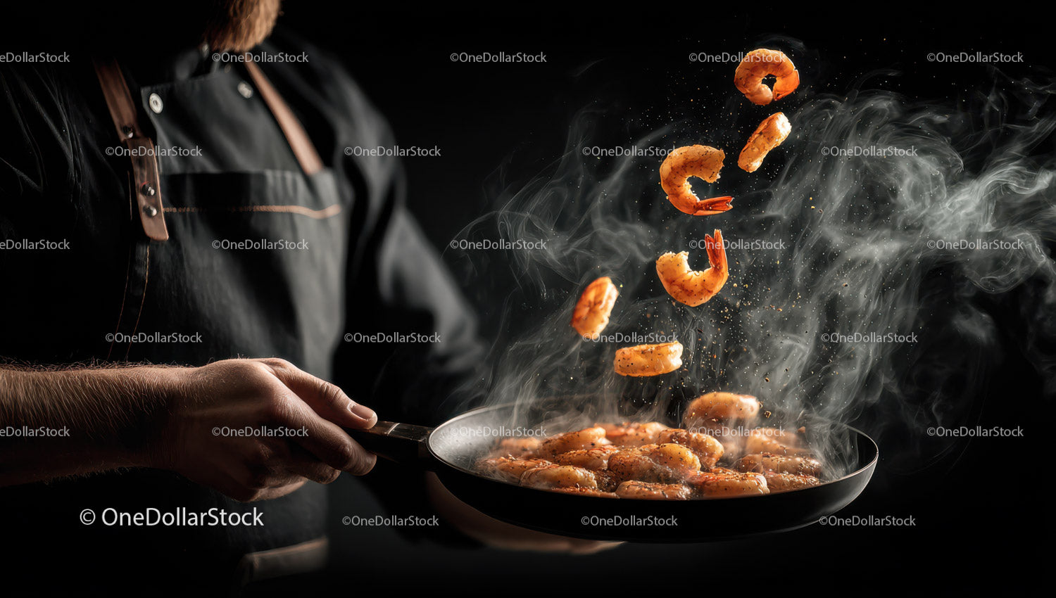 Fresh Shrimp Tossing in Skillet with Steaming Aroma