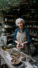 Elderly Woman Preparing Herbs in Rustic Kitchen for Natural Remedies