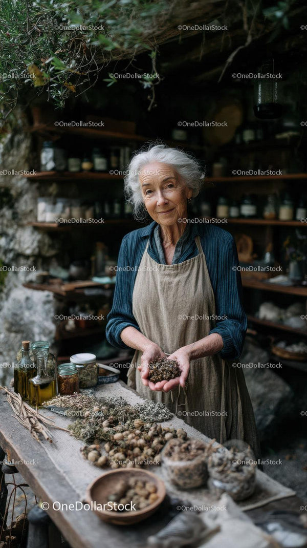 Elderly Woman Preparing Herbs in Rustic Kitchen for Natural Remedies
