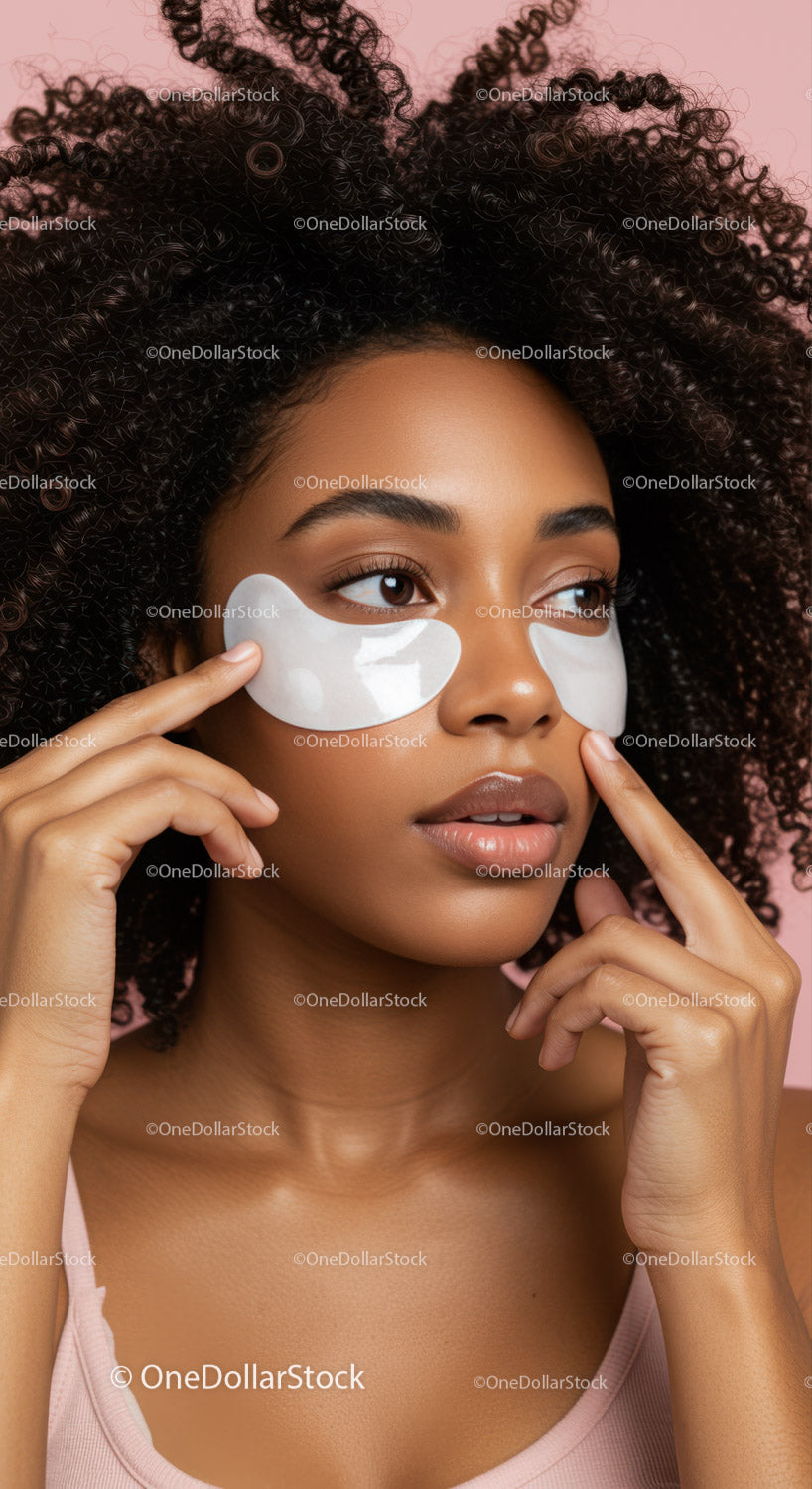 Young Woman with Under-Eye Patches Applying Skincare Routine