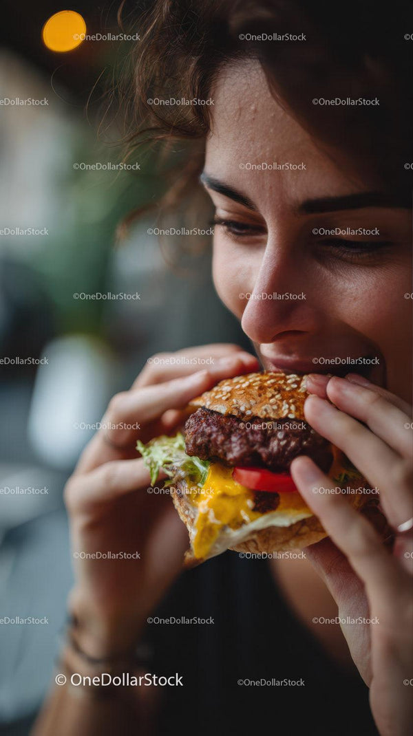 Młoda kobieta jedząca soczystego cheeseburgera w swobodnej atmosferze