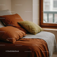 Cozy Bedroom Bed with Pillows and Linen in Warm Earth Tones