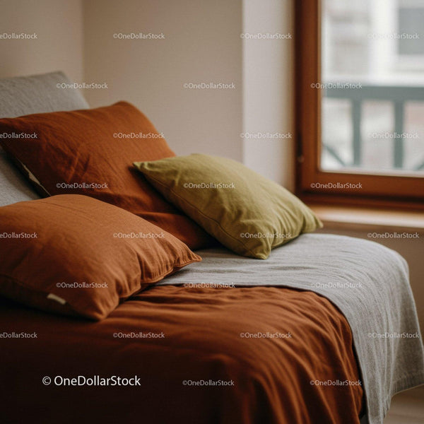 Cozy Bedroom Bed with Pillows and Linen in Warm Earth Tones