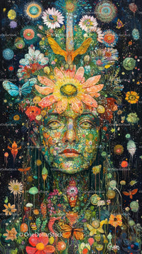 Surreal Psychedelic Portrait with Vibrant Flowers and Cosmic Background