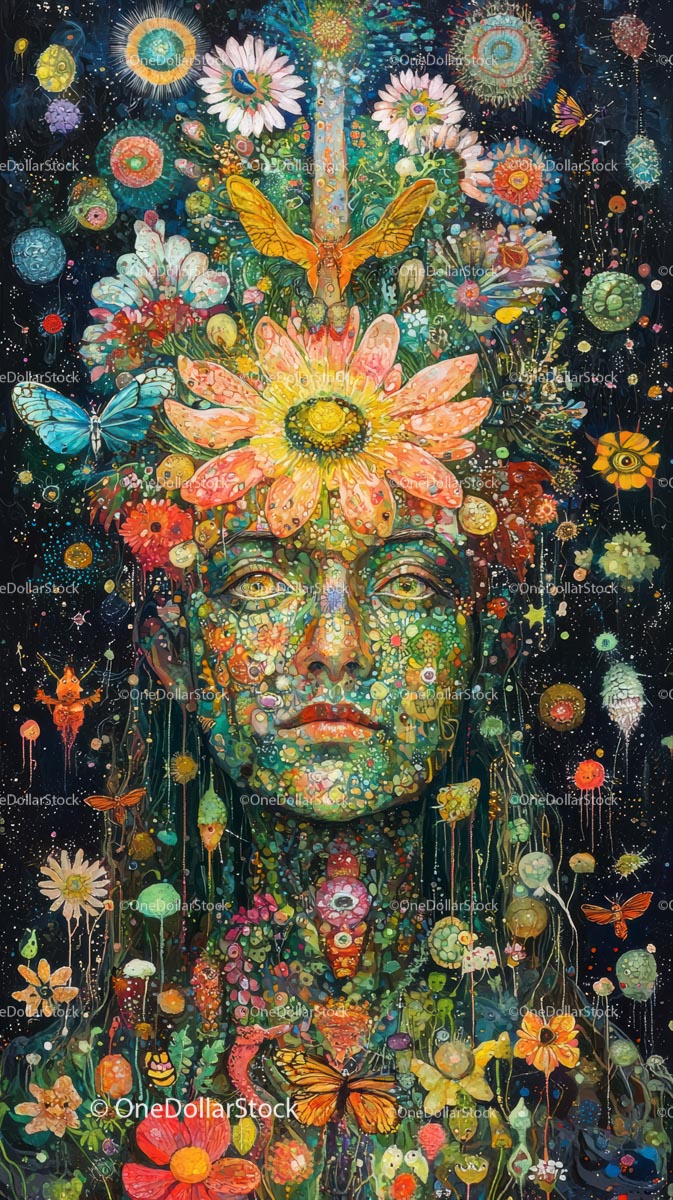 Surreal Psychedelic Portrait with Vibrant Flowers and Cosmic Background