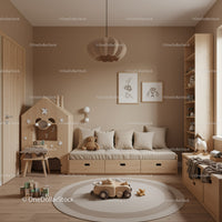 Cozy Modern Children's Nursery with Wooden Decor and Soft Textures