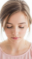 Young Woman with Natural Makeup and Serene Expression Close-Up