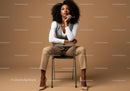 Stylish Female Model Sitting Confidently in Studio with Beige Background