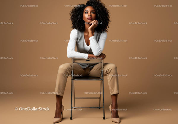 Stylish Female Model Sitting Confidently in Studio with Beige Background