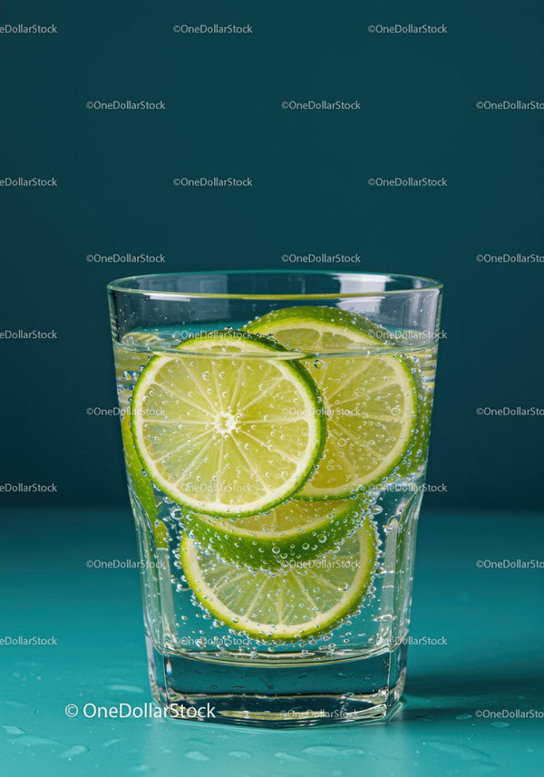 Refreshing glass of sparkling water with lime slices