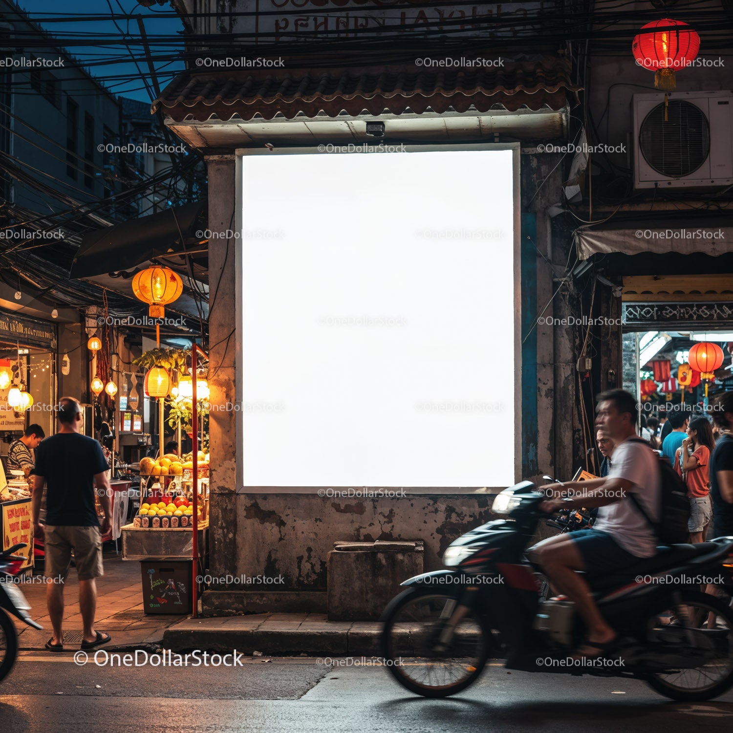 Night Market Street Scene with Empty Billboard and Motorbike