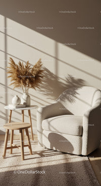 Cozy armchair with pampas grass in sunlit corner