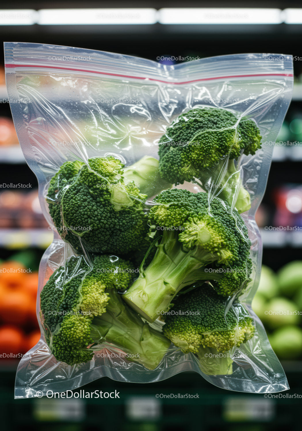 Fresh broccoli packed in clear resealable plastic bag