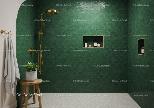Modern shower with green scallop tiles and gold fixtures