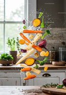 Fresh root vegetables splashing dynamic kitchen scene