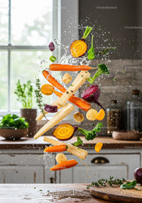 Fresh root vegetables splashing dynamic kitchen scene