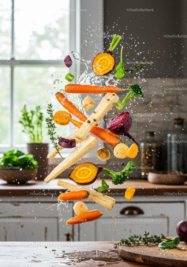 Fresh root vegetables splashing dynamic kitchen scene