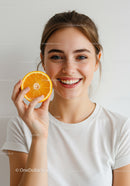 Cheerful Young Woman Smiling with Orange Slice in Bright Portrait