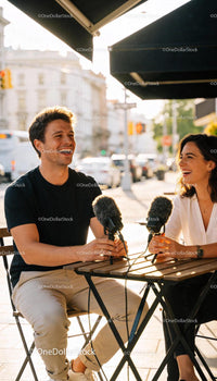 Two friends recording podcast outdoors on sunny city street