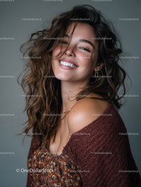 Happy Young Woman with Curly Hair and Bright Smile