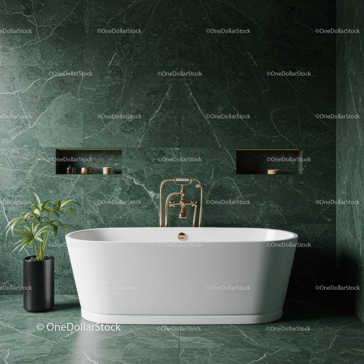 Elegant Green Marble Bathroom with Freestanding Bathtub and Gold Fixtures