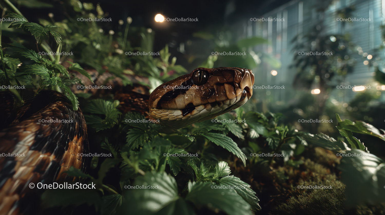 Ball Python Snake in Dense Green Foliage in a Tropical Habitat