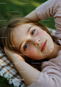 Relaxed young girl resting on a plaid blanket outdoors