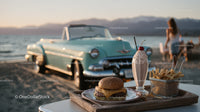 Beachside Cheeseburger French Fries and Milkshake with Classic Car