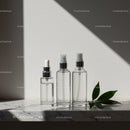Clear Glass Cosmetic Bottles on Marble with Leaf JPG Mockup Image preview