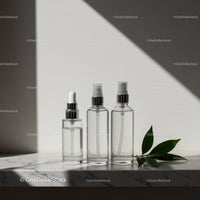 Clear Glass Cosmetic Bottles on Marble with Leaf JPG Mockup Image preview