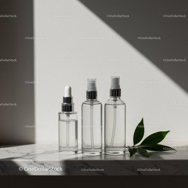 Clear Glass Cosmetic Bottles on Marble with Leaf JPG Mockup Image