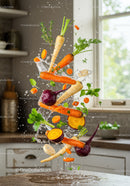 Fresh root vegetables splashing with water in kitchen