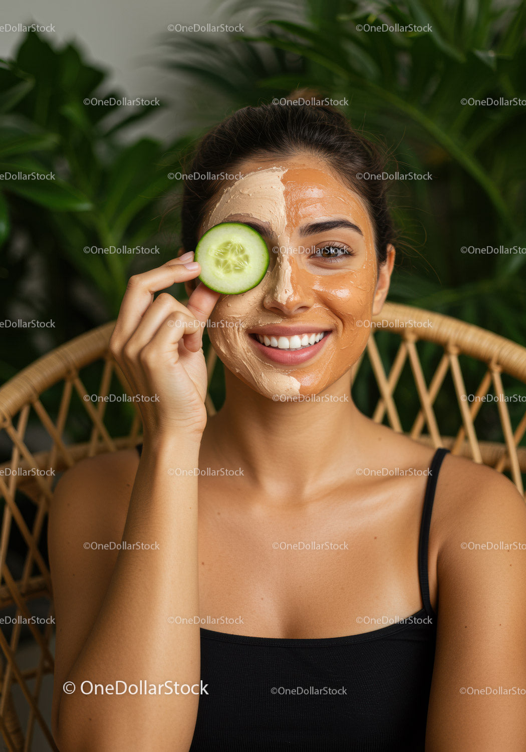 Smiling Woman with Cucumber Facial Mask and Fresh Cucumber Slice