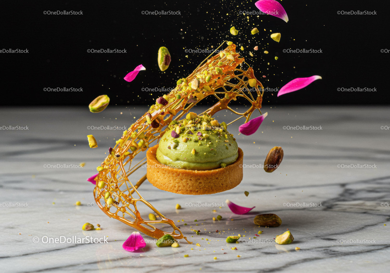 Elegancka tarta pistacjowa z karmelem i płatkami kwiatów