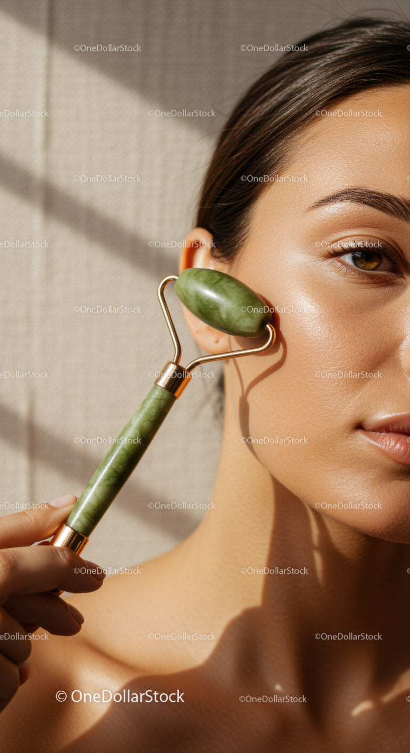 Woman Using Jade Roller for Facial Skin Care and Relaxation