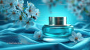 Refreshing Cosmetic Jar with Cherry Blossoms on Blue Silk