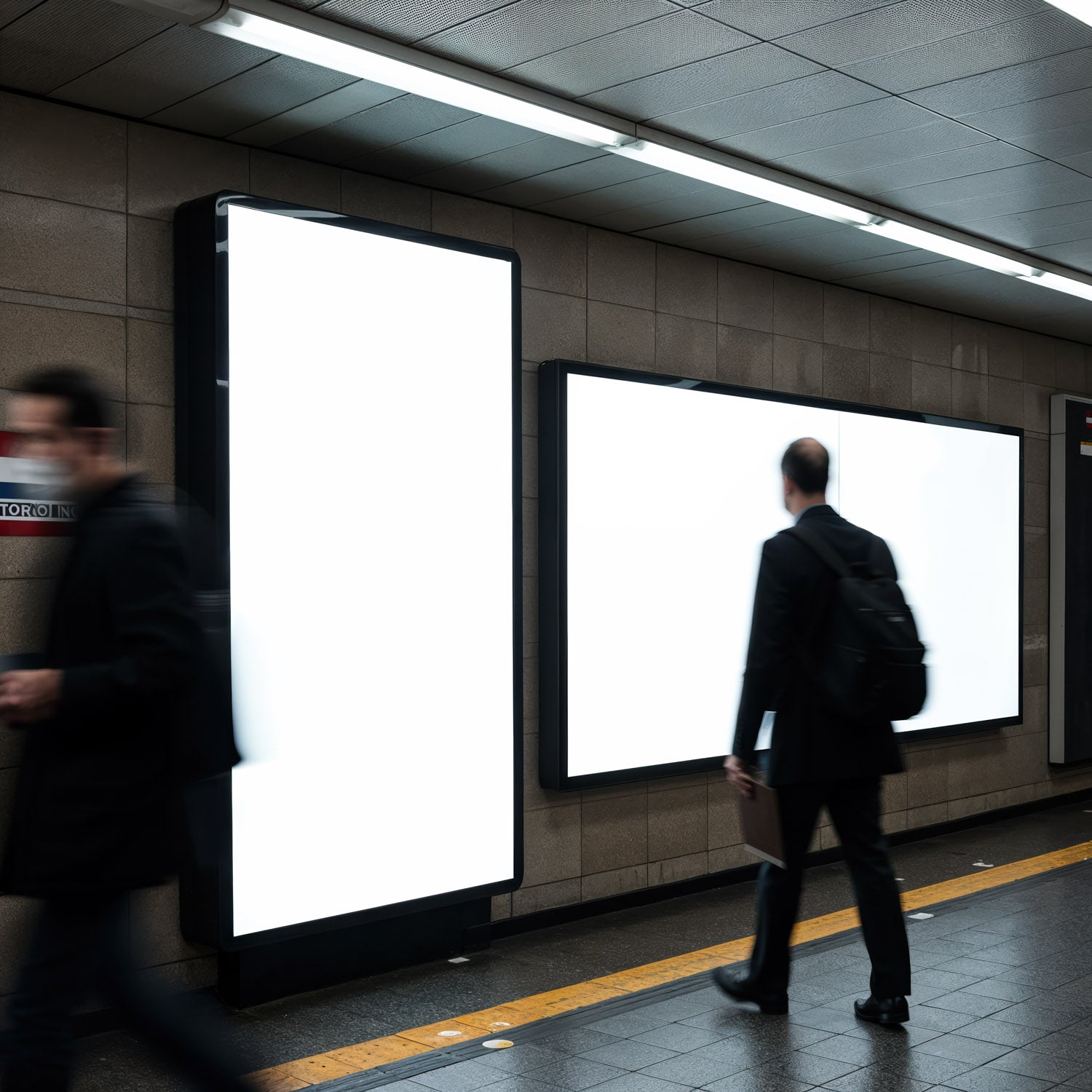 Blurred commuters walking near empty lightboxes in subway